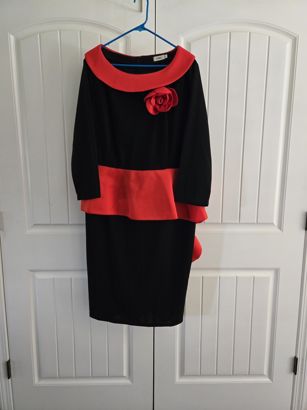 Vintage Inspired Black Red Peplum Sheath Dress Rosette Collar Midi Plus Size